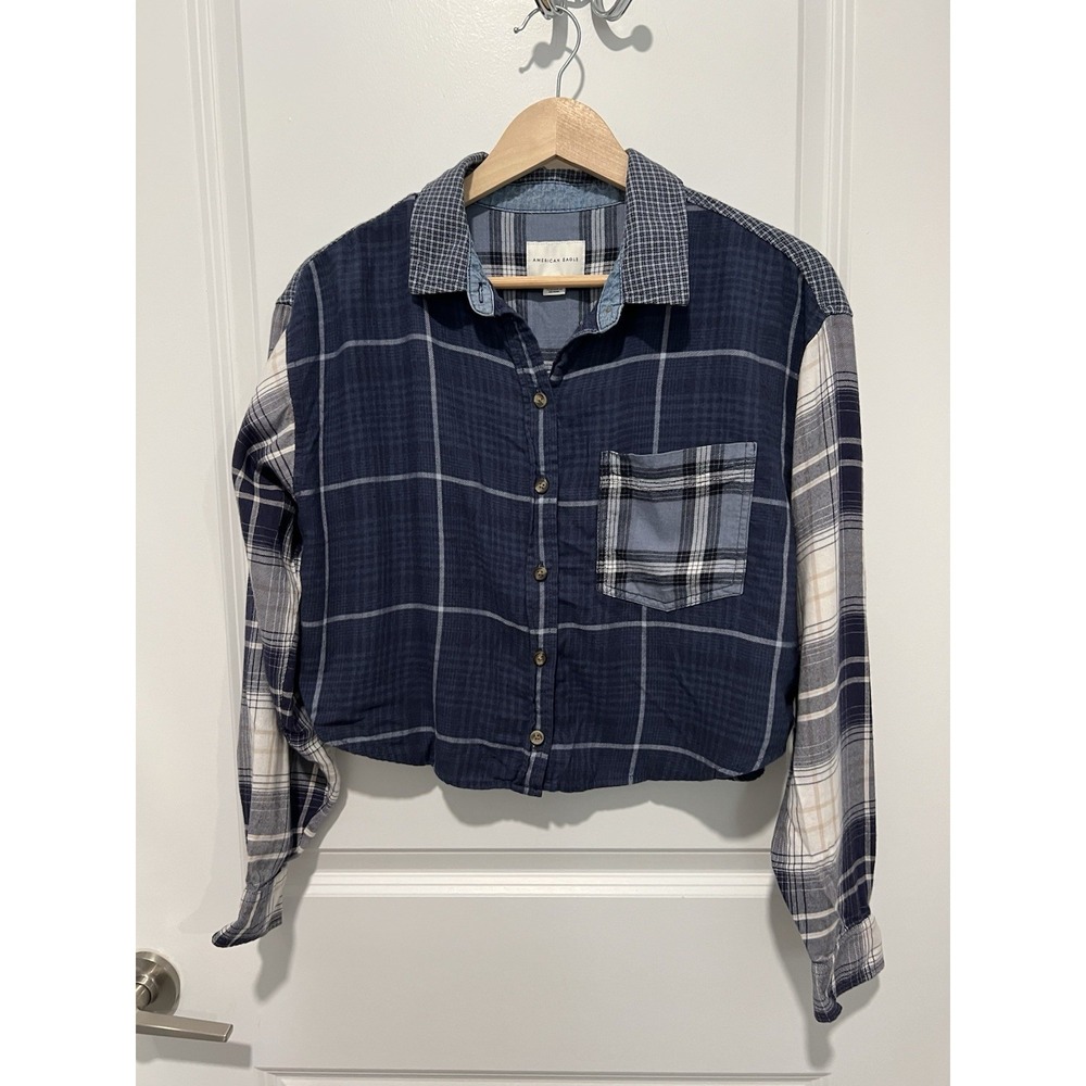 American Eagle Blue Plaid/White Cropped Flannel Size Small Country Western